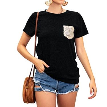 Imagem de Camiseta Com Bolso de Lantejoulas, Blusa de Manga Curta Cor Pura Gola Redonda Elástica Casual para Compras para Mulheres (M)