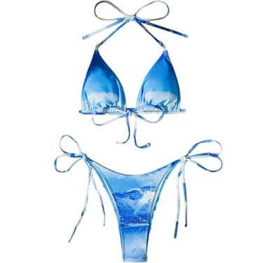Imagem de SweatyRocks Biquíni feminino sexy frente única Tie Dye maiô de duas peças, Branco e azul., P