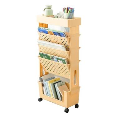 Imagem de Estante móvel Carrinho de livros com rodas sobre rodas Organizador de armazenamento de mesa compacto Carrinho de chão Suporte de revistas removível cabe em espaços estreitos (cor: amarelo, tamanho: