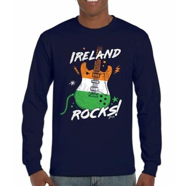 Imagem de Camiseta de manga comprida com bandeira de guitarra Ireland Rocks Dia de São Patrício Shamrock Groove Vibe Pub Celtic Rock and Roll cravo, Azul marinho, 3G
