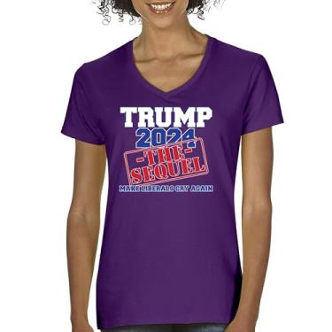Imagem de Camiseta feminina Trump 2024 The Sequel gola V Make Liberals Cry Again MAGA President 47 FJB Let's Go Brandon Republican Tee, Roxa, XXG