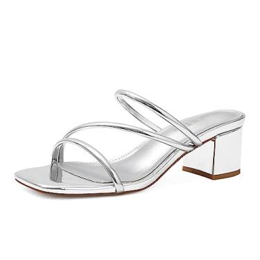 Imagem de Shoe'N Tale Sandálias femininas salto baixo grosso salto bloco quadrado aberto bico aberto slip on mules, Prateado espelhado, 36