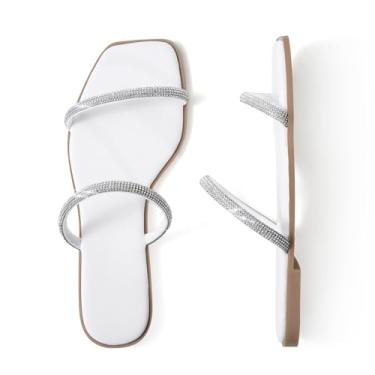 Imagem de LACUONE Sandálias femininas trançadas planas deslizantes para mulheres, sandálias de tiras de tecido com bico aberto, Strass branco, 41