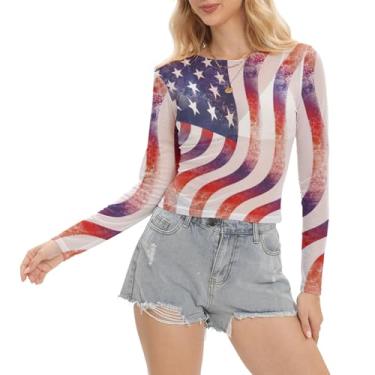 Imagem de Kasopp Camiseta feminina de malha de verão com a bandeira americana do Dia da Independência estampada camiseta cropped manga longa slim legal, Multicolorido 3, G