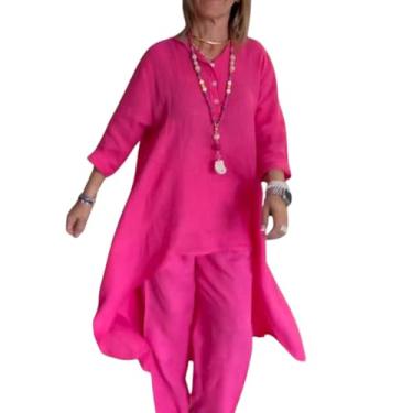 Imagem de Conjunto casual de 2 peças para mulheres, roupa maxi de linho de manga comprida, calça de perna larga, conjunto de roupa de treino combinando de linho de verão, Vermelho rosa, GG