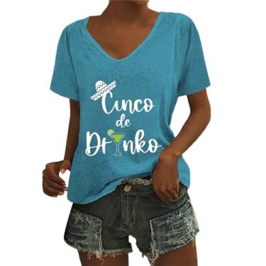 Imagem de Camisetas femininas de Mayo com estampas modernas, camisetas de manga curta, festas de verão mexicanas, Azul-celeste, XXG