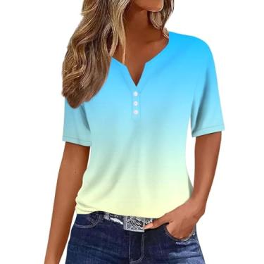 Imagem de Camiseta feminina com estampa gradiente de mangas curtas Henley folgada camiseta casual de férias de verão, Branco, XXG