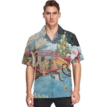 Imagem de visesunny Camisa masculina casual de botão manga curta havaiana Natal Papai Noel rena Aloha, Multicolorido, XXG