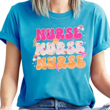 Imagem de Camiseta feminina divertida Nurse's Day Nurse Life Nurse Week Camiseta feminina com estampa da vida da enfermeira, Ciano, M