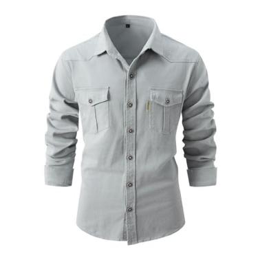 Imagem de Oymyakon Camisa jeans masculina casual slim fit manga longa camisa jeans lapela abotoada camisas jeans com bolsos, Cinza, M