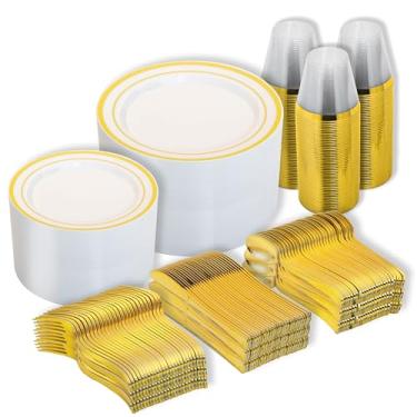 Imagem de N9R 600 peças de pratos descartáveis de ouro, conjunto de louça de plástico inclui 100 pratos de jantar, pratos de sobremesa, copos, colheres, garfos, facas para 100 convidados, perfeito para festa,