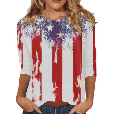 Imagem de Camisetas femininas 4th of July 4th of July Shirts Star Stripes 3/4 Sleeve Patriotic Tops Going Out Tops 2024, Azul claro - -, G