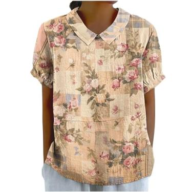 Imagem de Camiseta feminina de verão, gola de boneca, manga curta, blusa folgada, pulôver, vintage, estampa floral, Bronze, M