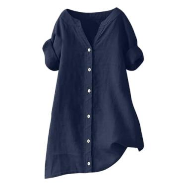 Imagem de Camiseta feminina de algodão e linho com gola V, botões curtos, cor sólida, blusas de manga comprida, camisetas modernas e elegantes, Azul escuro, XXG