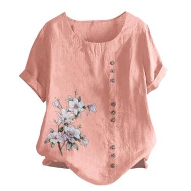 Imagem de Camiseta feminina de algodão e linho, manga curta, gola redonda, casual, solta, blusa floral com botões, rosa, 4G