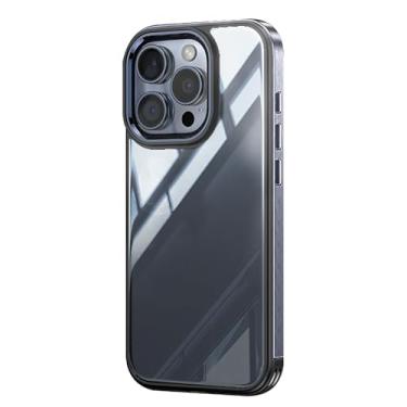 Imagem de POYUFRG Capa fina para iPhone 15 Pro Max/15 Pro/15, moldura de metal de titânio resistente anti-arranhões HD transparente traseira luxuosa, capa de telefone comercial, azul, 15ProMax