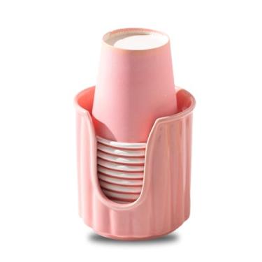 Imagem de TANEW Dispensador de copo de cerâmica infantil com listras verticais elegantes - Dispensador de copo Dixi e suporte de copo para enxaguante bucal comporta copos de papel de 85 g para enxaguar copos em