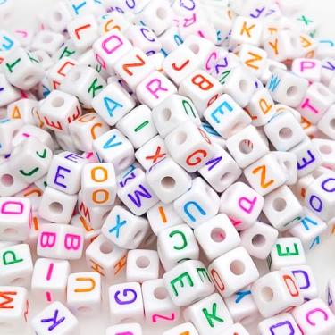 Imagem de 300 peças 10 x 10 mm grande cubo grande acrílico alfabeto letras contas A-Z contas soltas de forma de plástico misturado para fazer joias, pulseiras, colares, chaveiros (coloridos)