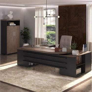 Imagem de Kit 2 Peças com Mesa para Escritório Presidente em Tamburato e Armário Multiuso Alto Charuto/Preto