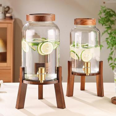 Imagem de 2 unidades de dispensadores de bebidas de vidro para festas com suporte, dispensador de bebidas com tampas de madeira, recipientes de suco para água gelada, limonada, ponche, chá, 3l + 4l