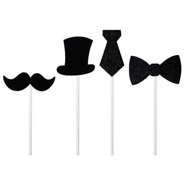 Imagem de Honbay 24 peças de gravata borboleta preta chapéu bigode toalha de pescoço topo de bolo decoração para festa de aniversário ou chá de bebê