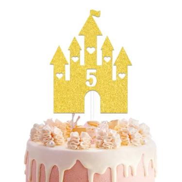 Imagem de Gold Castle 5th Birthday Cake Topper, Happy 5th Years Old Birthday Decorations, Princess Theme Party Decor, Kids Baby Shower Party Supplies