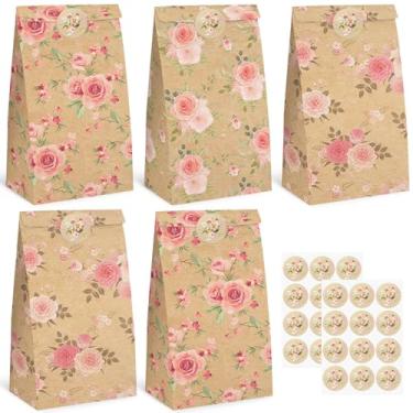 Imagem de VGOODALL 24 peças de sacos de presente floral, sacos de presente de papel kraft, sacos de lembrancinha de festa, sacos de almoço com adesivos para casamentos, aniversário, chá de bebê, suprimentos de