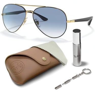 Imagem de Ray-Ban RB3675 Óculos de sol em forma de aviador com kit de óculos – protetores de nariz ajustáveis – Óculos de sol retrô, Armação preta polida em ouro | Lente azul claro, 58 mm