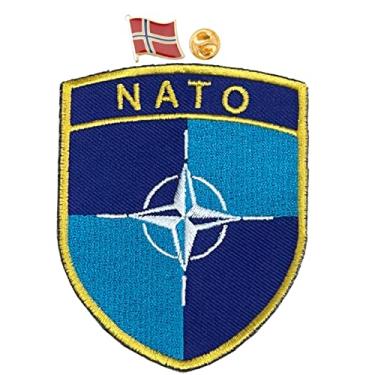 Imagem de A-ONE Patch de bordado tático 3D NATO Mark + alfinete de lapela com gola country da Noruega, aplique para guarnição de boné, boina, capacete, tecido jeans, uniforme de batalha, jaqueta bomber nº 423 + 024P