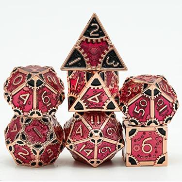 Imagem de UDIXI Conjunto de dados de metal estilo Steampunk 7 dados poliédricos DND dados D&D para Dungeons and Dragons RPG e ensino de matemática (cobre vermelho e preto)
