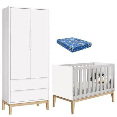 Imagem de Berço Americano com Colchão e Guarda Roupa Classic 2 Portas Branco Pés