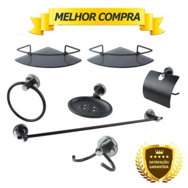 Imagem de Kit Acessório Para Banheiro Aço Inox 5 Peças + 2 Porta Shampoo Vidro C