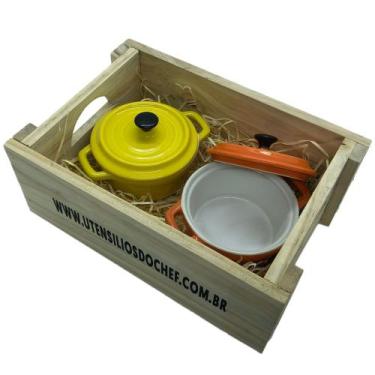 Imagem de Panelinhas Laranja, Amarelo de Porcelana com engradado para presente -