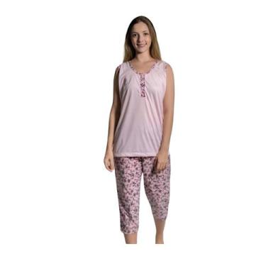 Imagem de Pijama Feminino Pescador Adulto Regata Com Botão - Bella Charm, G, Ros