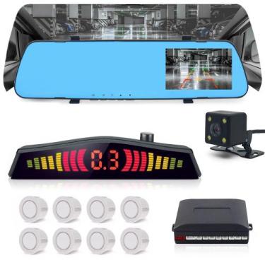 Imagem de Kit Retrovisor C/ Tela + Câmera Ré + Sensor 8 Pontos Branco Fiat Palio