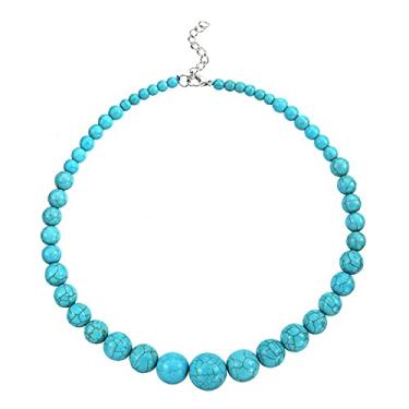 Imagem de COLORFUL BLING Colar grosso feito à mão multicolorido com contas de turquesa simuladas para mulheres e meninas, joia havaiana boêmia, Metal, Liga metálica.,