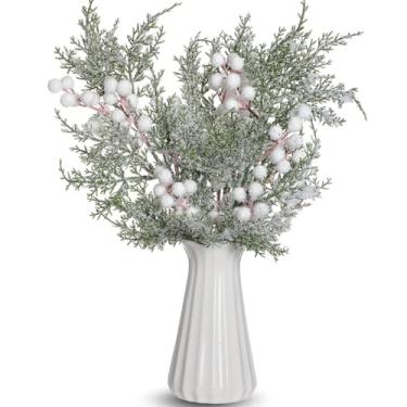 Imagem de Riceshoot 14 Pçs Palhetas de Cedro Artificial Nevado de 47 cm com Frutas Cedro Falso Fosco Sprays de Cedro de Natal Galhos Vegetais Hastes para Árvore de Natal Guirlanda Vaso Floral Decoração de