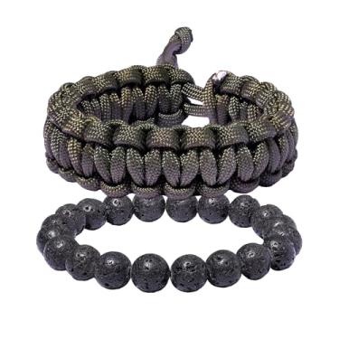Imagem de Xfoxstal Conjunto de 2 pulseiras ajustáveis feitas à mão para sobrevivência com contas elásticas de pedra vulcânica para mulheres, homens, caminhadas, acampamento, unissex, 2 peças, Large, Pedra,