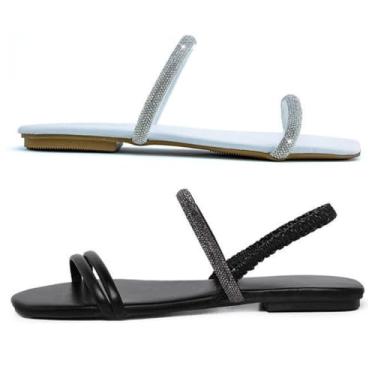 Imagem de Novo Hábito, Kit 2 Rasteirinhas Tira Dupla Femininas & Sandália Holográfica Cor:Branco e Preto;Tamanho:37