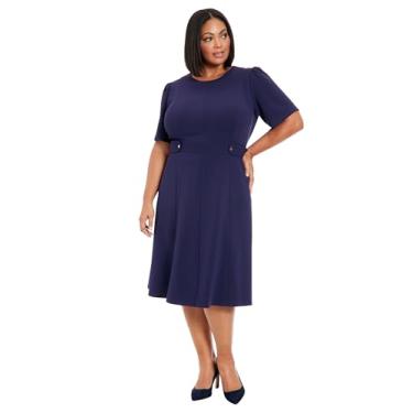 Imagem de London Times Midi feminino de crepe de manga curta com detalhe de botão de cintura, Aura astral, 25 Plus Size