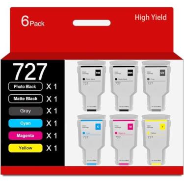Imagem de Cartucho de tinta 727 compatível com HP 727 de 300 ml para HP DesignJet T920 T930 T1500 T1530 T2500 T2530 pacote com 6 (foto preta/preto fosco/cinza/ciano/magenta/amarelo)