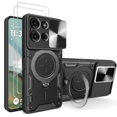 Imagem de WRTBS Capa de celular para Motorola Moto G75 5G com protetor de tela de vidro, [2 unidades] capa de proteção para câmera deslizante embutida, capa protetora de corpo inteiro militar - preta