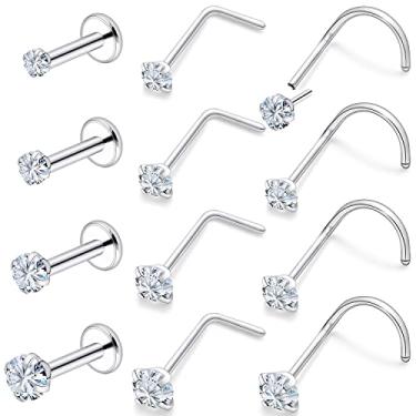 Imagem de Vsnnsns Anéis de nariz de pressão sem fio 18G 20G para mulheres aço inoxidável cirúrgico 316L Pinos de nariz em forma de L Anéis de nariz de ossos de parafuso Piercing de narina CZ 1,5 mm 2 mm 2,5 mm 3 mm prata 8-12 peças, Metal Cristal Strass, Cristal