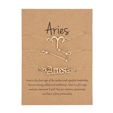 Imagem de COLORFUL BLING Conjunto de 3 pulseiras com 12 constelações de horóscopo banhado a ouro 18 quilates, signo do zodíaco, pulseiras em camadas com letra requintada cartão de horóscopo para mulheres,