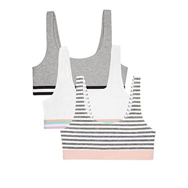 Imagem de Fruit of the Loom Pacote com 3 sutiãs esportivos de algodão com elástico embutido para meninas, Faixa cinza/cinza/branco, 40