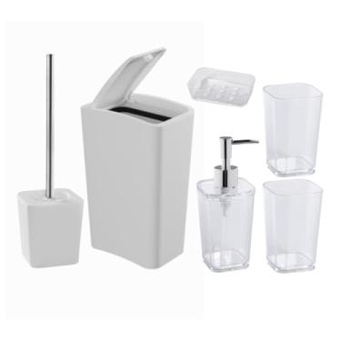 Imagem de Kit Banheiro 6 Peças Lavabo Lixeira Click Escova Sanitária Premium Resistente (Transparante)