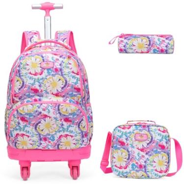 Imagem de Egchescebo Mochila Escolar Infantil com Rodinhas para Menina Crianças Rodas Bolsa Mala Carrinho 17” 3PCS Rodinha de Rolagem Giratória Lancheira Juvenil Estojo Costas Divertidamente Crisântemo Amarelo