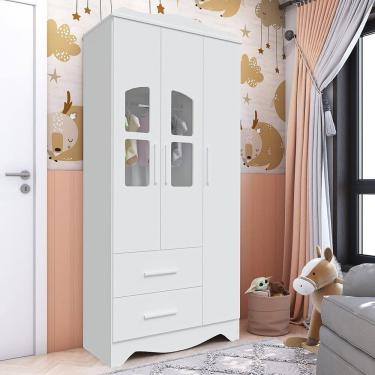 Imagem de Guarda-Roupa Infantil 92,9cm 3 Portas e 2 Gavetas com Janelas Alice 100% MDF Espresso Móveis Branco Brilho