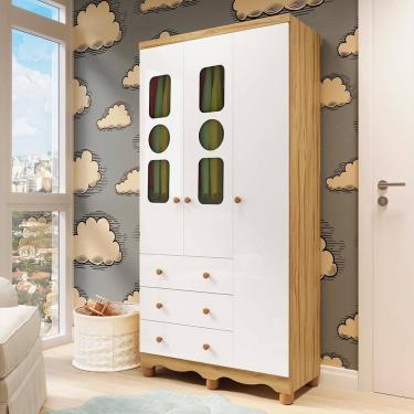 Imagem de Guarda-Roupa Infantil 91,9cm 3 Portas 3 Gavetas com Janelas e Pés Ezra 100% MDF Espresso Móveis Branco/Amêndoa