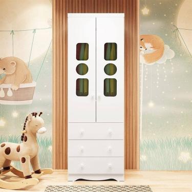 Imagem de Guarda-Roupa Infantil 61,7cm 2 Portas 3 Gavetas com Janelas sem Pés Ezra 100% MDF Espresso Móveis Branco